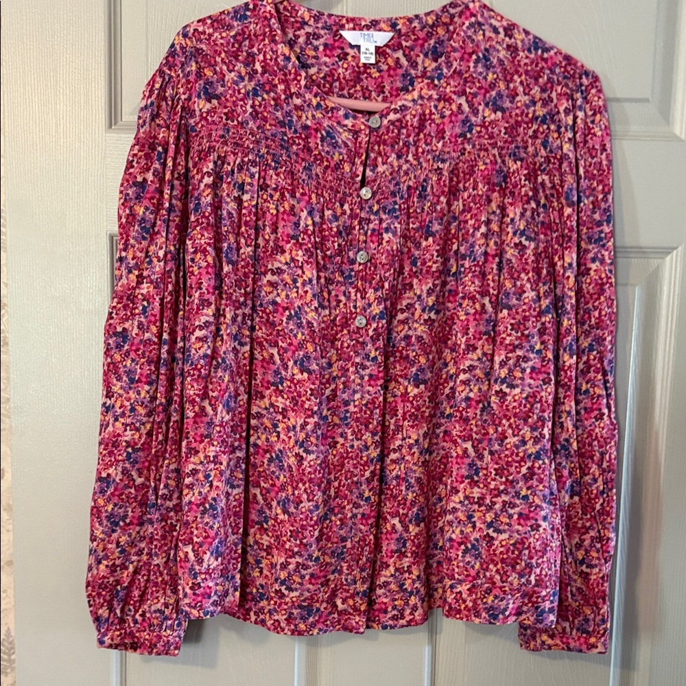 Time and Tru Pink Multi Floral Smocked Yoke Blouse